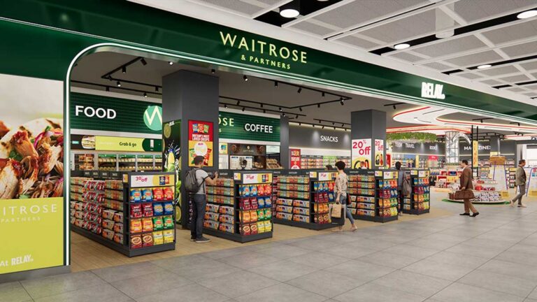 Das Bild zeigt das Waitrose-Sortiment in den Relay-Filialen in London-Heathrow